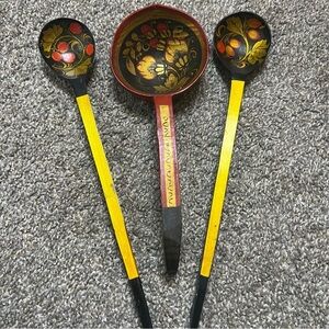 vintage painted lacquered spoons Russian Khokhloma ladle large spoon lot